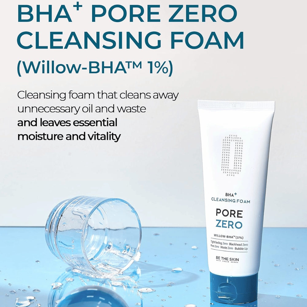 Kampagnenbild, das Willow-BHA™ (1%) und die Fähigkeit des Produkts hervorhebt, überschüssigen Talg und Unreinheiten zu entfernen, während die Haut Feuchtigkeit und Ausstrahlung behält. Die blaue Farbpalette vermittelt einen sauberen und erfrischenden Eindruck.