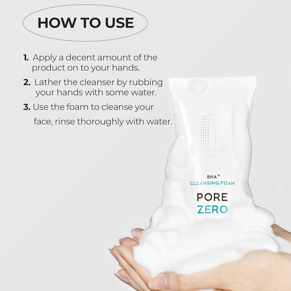 Anleitungsbild, das Schritt für Schritt zeigt, wie Be The Skin BHA+ Pore Zero Cleansing Foam verwendet wird. Das Produkt wird zusammen mit reichlich Schaum gezeigt, um die sanfte und schäumende Reinigung hervorzuheben.