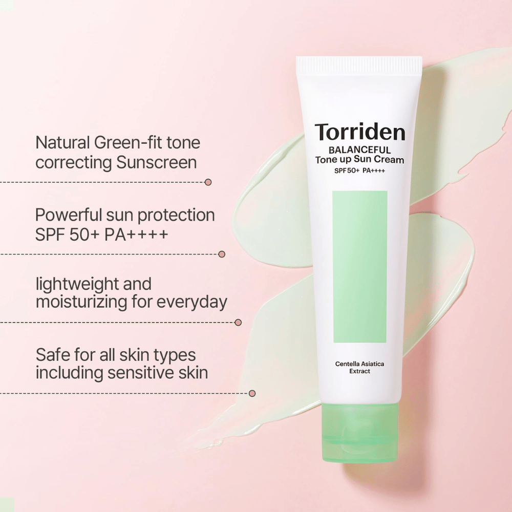 Torriden Balanceful Tone Up Sun Cream SPF50+ PA++++ mit grünem farbkorrigierendem Tone-up-Effekt, der hilft, Rötungen auszugleichen und einen natürlichen Glow zu verleihen.