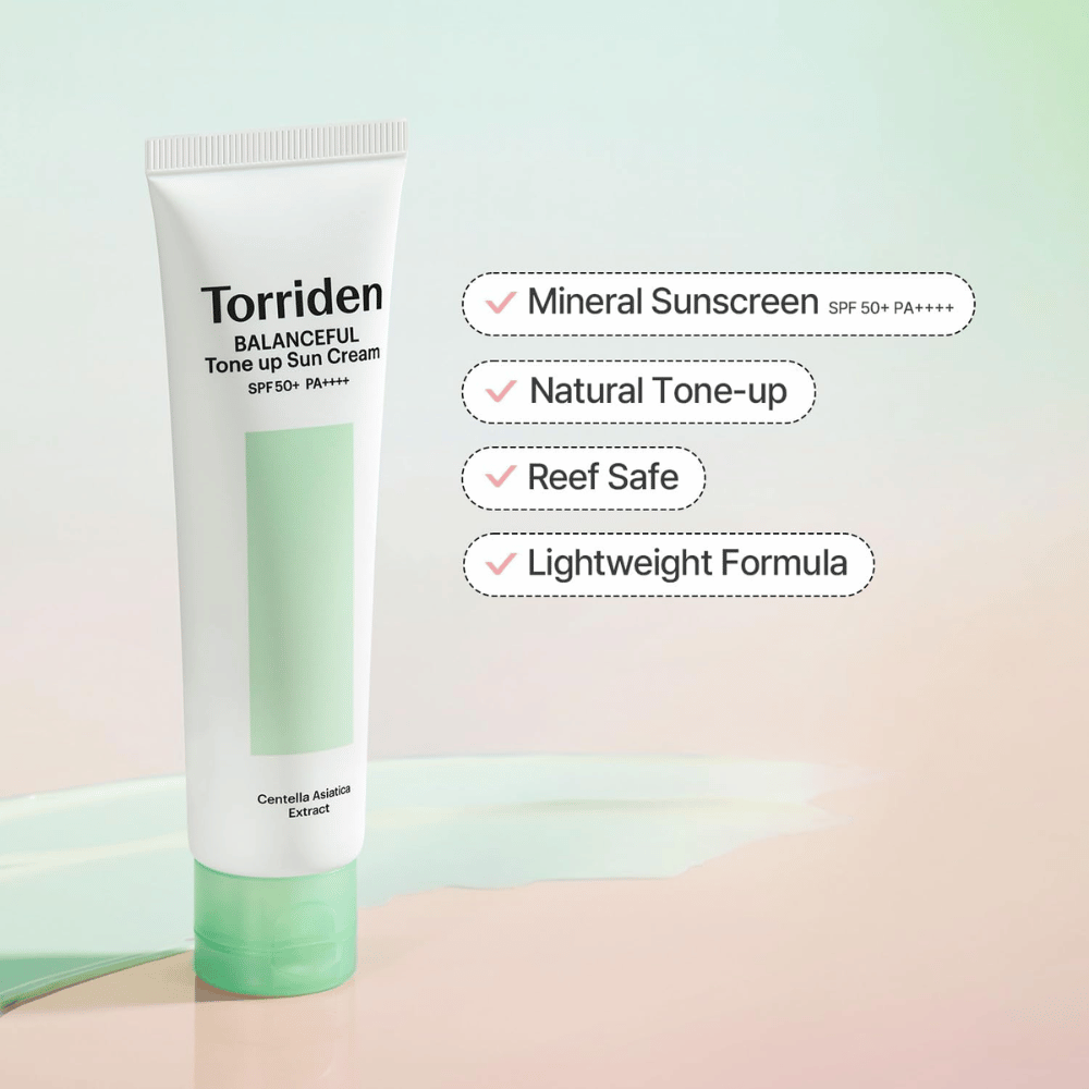 Torriden Balanceful Tone Up Sun Cream SPF50+ PA++++ präsentiert mit Fokus auf mineralbasiertem Sonnenschutz, natürlichem Tone-up-Effekt, reef-safe Formel und leichter Textur.