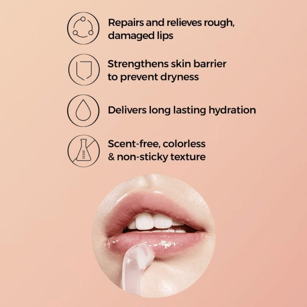 Nahaufnahme von Lippen mit COSRX Lip Sleep-Maske, die aufgetragen wird. Text hebt die Eigenschaften des Produkts hervor: repariert rissige Lippen, stärkt die Hautbarriere und spendet langanhaltende Feuchtigkeit.