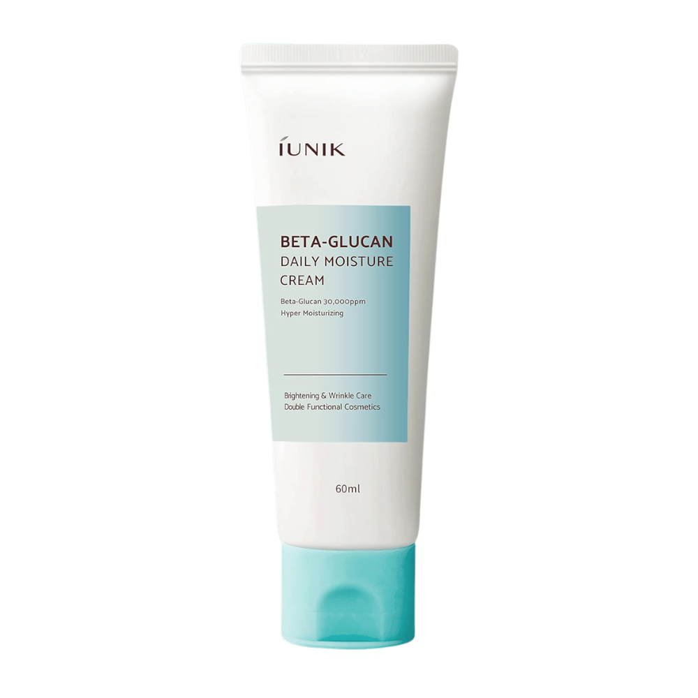 Freigestelltes Produktbild von iUNIK Beta-Glucan Daily Moisture Cream 60 ml. Das Design der Tube und der Produktname sind deutlich vor neutralem Hintergrund sichtbar, was eine saubere und professionelle Produktpräsentation vermittelt.