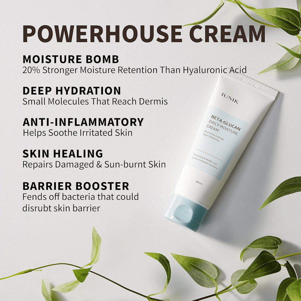 Produktbild mit Fokus auf die wichtigsten Vorteile von iUNIK Beta-Glucan Daily Moisture Cream. Das Bild hebt intensive Feuchtigkeitsversorgung, tiefenwirksame Hydration, beruhigende Eigenschaften, Unterstützung der Hautbarriere und Pflege trockener oder gereizter Haut hervor.