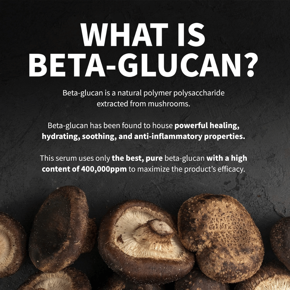 Informationsbild, das erklärt, was Beta-Glucan ist. Das Bild zeigt Pilze als Rohstoffquelle und beschreibt Beta-Glucan als einen Inhaltsstoff mit feuchtigkeitsspendenden, beruhigenden und hautpflegenden Eigenschaften.
