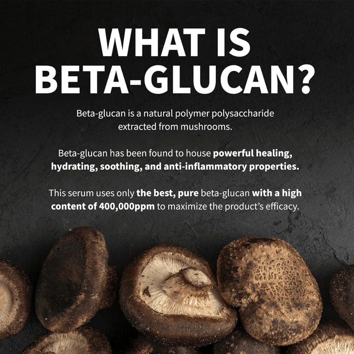 Informationsbild, das erklärt, was Beta-Glucan ist. Das Bild zeigt Pilze als Rohstoffquelle und beschreibt Beta-Glucan als einen Inhaltsstoff mit feuchtigkeitsspendenden, beruhigenden und hautpflegenden Eigenschaften.