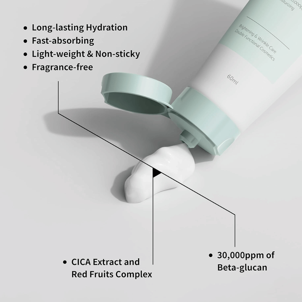 Nahaufnahme von iUNIK Beta-Glucan Daily Moisture Cream, bei der die Creme aus der Tube gedrückt wird. Das Bild hebt die leichte Konsistenz des Produkts und wichtige Eigenschaften wie langanhaltende Feuchtigkeitsversorgung, schnelle Absorption, ein nicht klebriges Gefühl, eine parfümfreie Formel, Beta-Glucan sowie beruhigende Inhaltsstoffe wie CICA-Extrakt hervor.