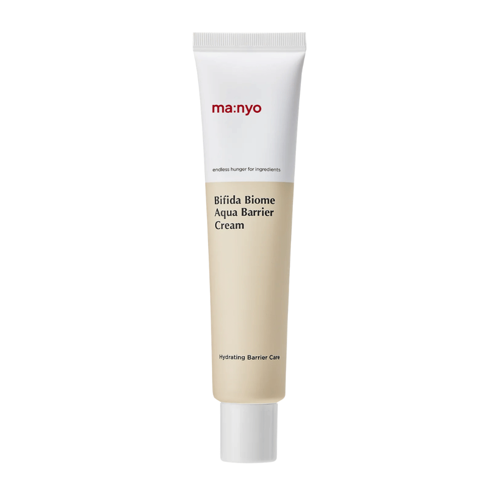 5. Ma:nyo Bifida Biome Aqua Barrier Cream – leichte und feuchtigkeitsspendende Gesichtscreme, die die Hautbarriere in einer weißen und beigen Tube stärkt