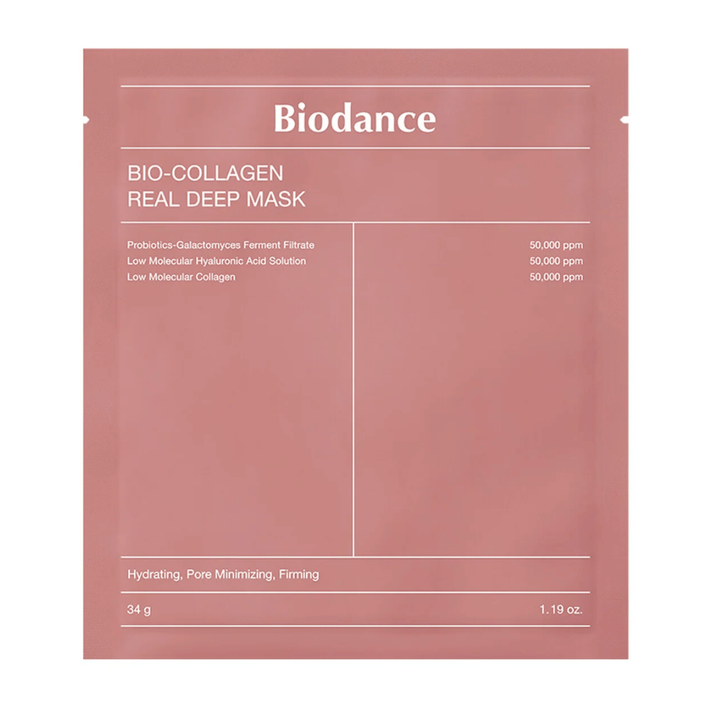 Das Bild zeigt Bio-Collagen Real Deep Mask von Biodance, verpackt in weichem Rosa. Der Text beschreibt Inhaltsstoffe wie Probiotika, Galactomyces-Fermentfiltrat, Hyaluronsäure und Kollagen, mit Wirkungen wie Feuchtigkeitsspende, Porenverkleinerung und Festigkeit.