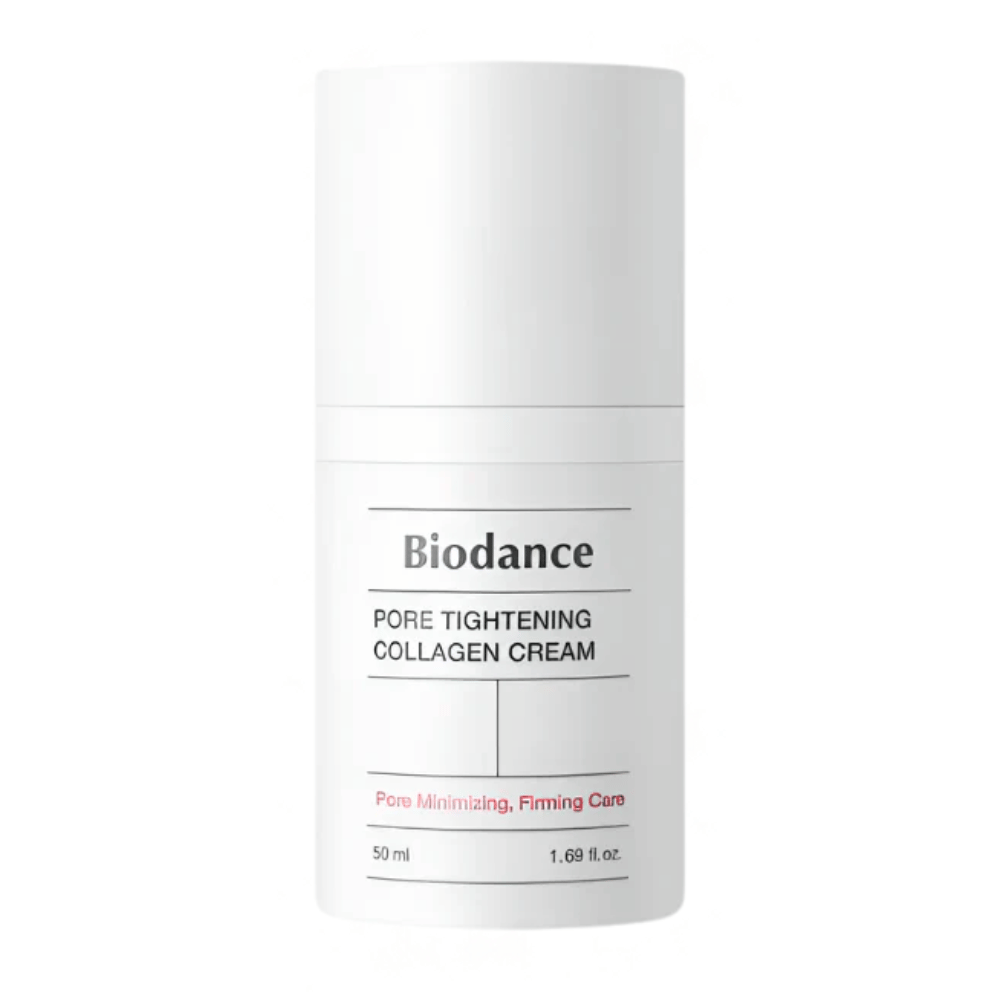 Biodance Porenstraffung Collagen Cream in einfacher weißer Verpackung mit minimalistischem Design, 50 ml.