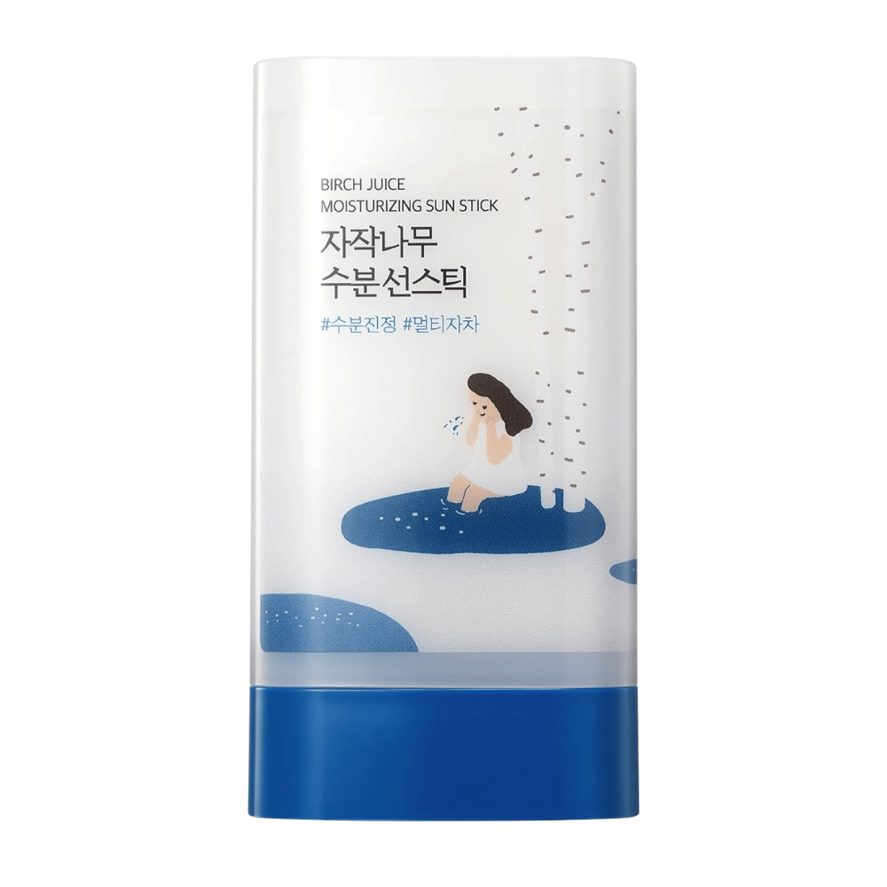 Nahaufnahme von ROUND LAB Birch Juice Moisturizing Sun Stick mit Design und Verpackung in Weiß und Blau