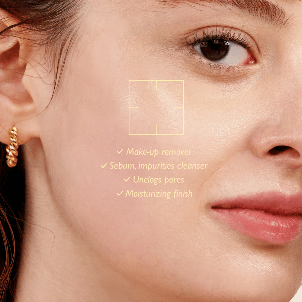 Haruharu Wonder Black Rice Moisture Cleansing Oil vor und nach der Reinigung – löst Make-up, Talg und Unreinheiten und sorgt für ein feuchtigkeitsspendendes Finish, ohne die Poren zu verstopfen.