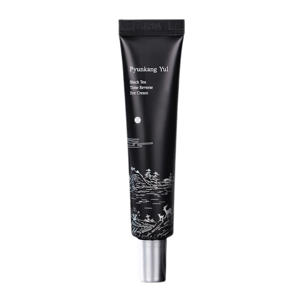 Pyunkang Yul Black Tea Time Reverse Eye Cream 25 ml in schwarzer Tube mit fermentiertem schwarzem Tee, Peptiden und feuchtigkeitsspendenden Inhaltsstoffen für die Augenpartie.