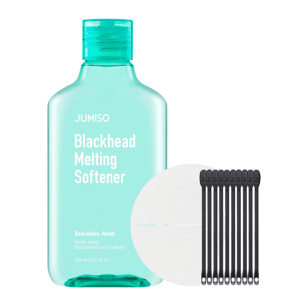 Produktbild von JUMISO Blackhead Melting Softener Special Set. Enthält Flasche, Pads und Stäbchen für effektive Mitesserbehandlung.