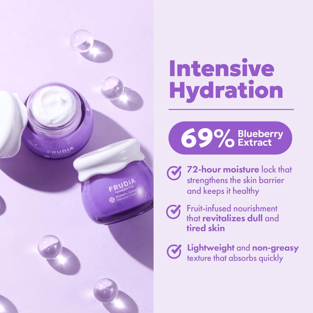 FRUDIA Blueberry Hydrating Intensive Cream mit intensiver Feuchtigkeit, 69 % Blaubeerextrakt und cremiger Konsistenz für trockene und feuchtigkeitsarme Haut