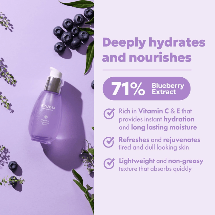 FRUDIA Blueberry Hydrating Serum mit 71 % Heidelbeerextrakt, der intensive Feuchtigkeit, langanhaltende Feuchtigkeit, leichte Konsistenz und frischen Glanz für trockene Haut bietet.
