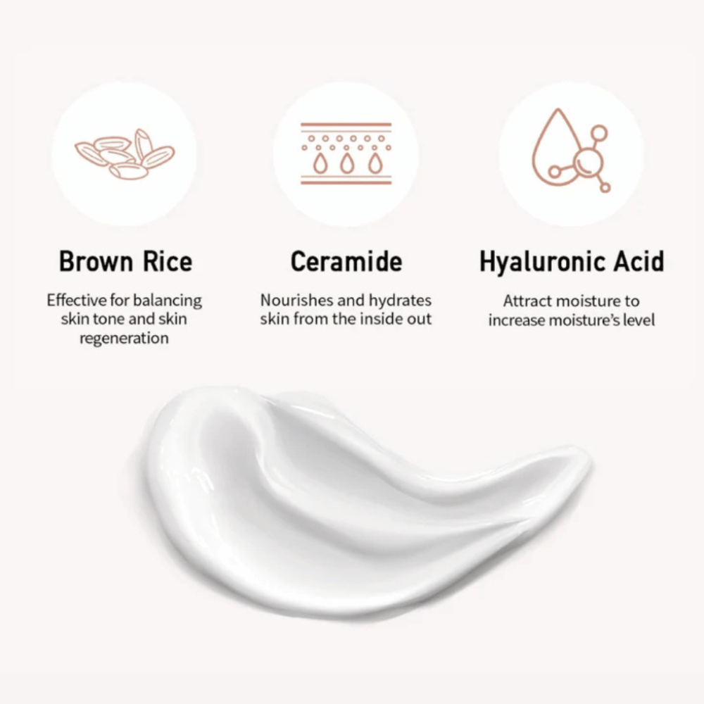 Nahaufnahme der Sonnencremeformel zusammen mit Illustrationen und Erklärungen von drei Schlüsselzutaten: brauner Reis für einen gleichmäßigen Hautton, Ceramide für Nährstoffe und Hyaluronsäure für Feuchtigkeit.