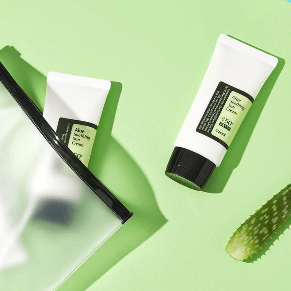 COSRX Aloe Soothing Sun Cream SPF50+ PA+++ – feuchtigkeitsspendende Sonnencreme mit Aloe Vera für täglichen UV-Schutz, gezeigt in Reisegröße