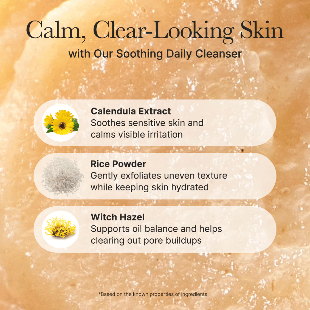 Arencia Calendula Rice Mochi Cleanser mit Inhaltsstoffen wie Ringelblume, Reispulver und Hamamelis – beruhigt, peelt und gleicht die Haut aus.