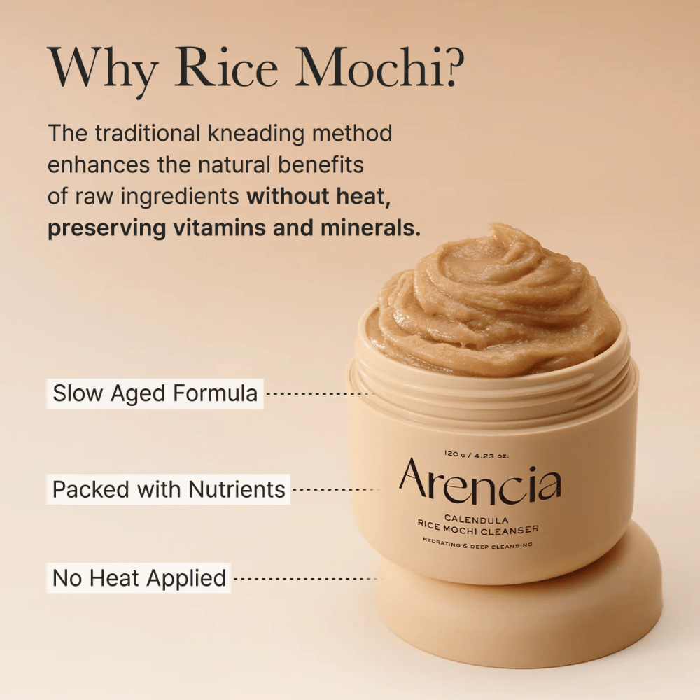 Arencia Calendula Rice Mochi Cleanser mit Beschreibung seiner kaltgepressten Formel, die Vitamine und Mineralien für eine nährstoffreiche Hautpflege bewahrt.