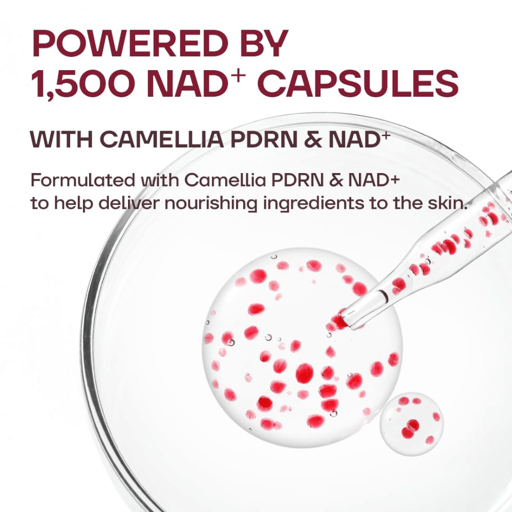 3. MISSHA Camellia PDRN NAD+ Firming Repair Serum – Nahaufnahme der transparenten Konsistenz des Serums mit 1500 roten NAD+-Kapseln