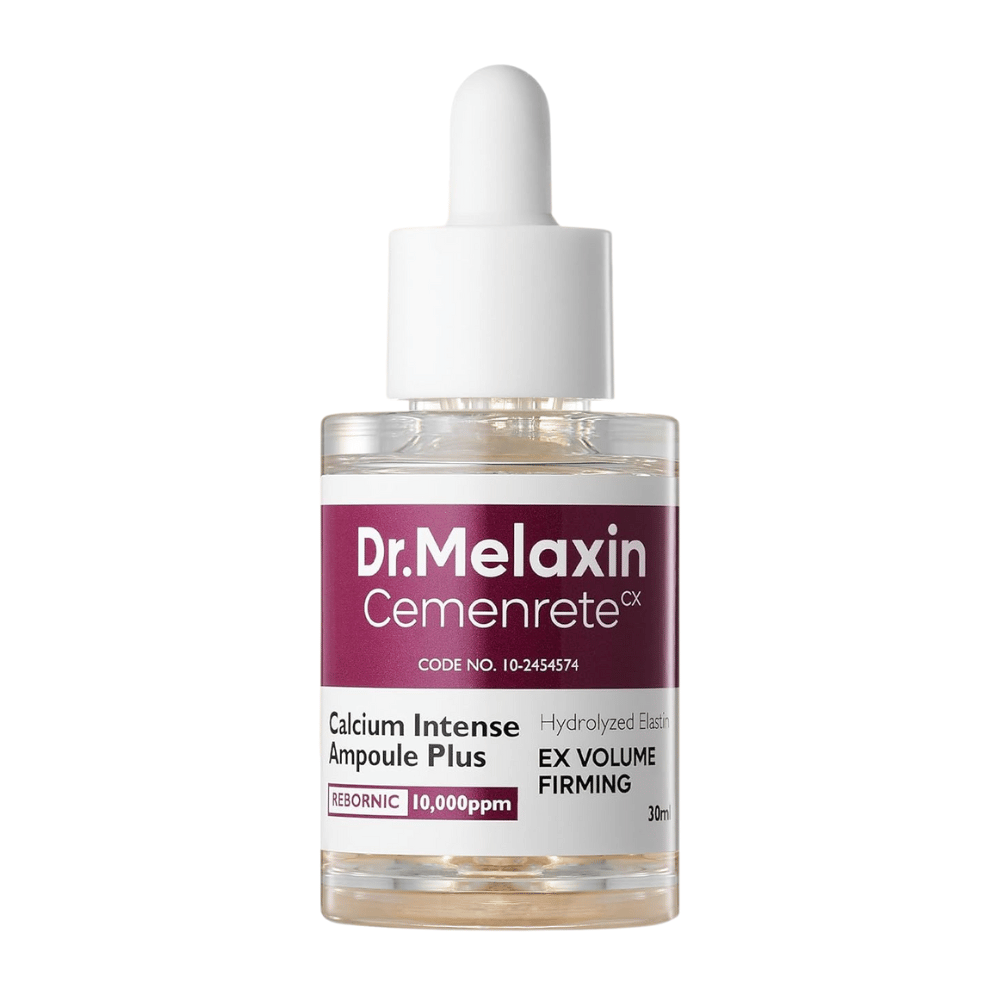 Produktbild von Dr. Melaxin Cemenrete Calcium Intense Ampoule Plus in Glasflasche mit Pipette, eine koreanische Anti-Aging-Ampulle, die die Struktur und Spannkraft der Haut stärkt.