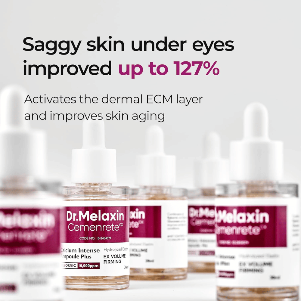 Dr. Melaxin Cemenrete Calcium Intense Ampoule Plus wird mit Fokus auf die Verbesserung von schlaffer Haut unter den Augen gezeigt, das das ECM-Schicht der Haut aktiviert und Anti-Aging unterstützt.