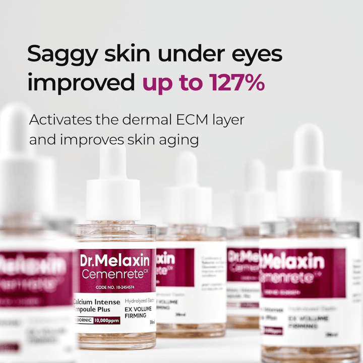 Dr. Melaxin Cemenrete Calcium Intense Ampoule Plus wird mit Fokus auf die Verbesserung von schlaffer Haut unter den Augen gezeigt, das das ECM-Schicht der Haut aktiviert und Anti-Aging unterstützt.