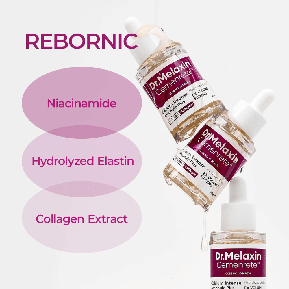 Dr. Melaxin Cemenrete Calcium Intense Ampoule Plus mit Niacinamid, hydrolysiertem Elastin und Kollagenextrakt, entwickelt für festere Haut und verbesserte Elastizität.