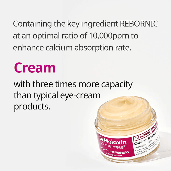 Dr.Melaxin Cemenrete Calcium Intense Cream mit Infografik über Rebornic 10 000 ppm, Gesichtscreme, die die Kalziumaufnahme und die Elastizität der Haut verbessert.