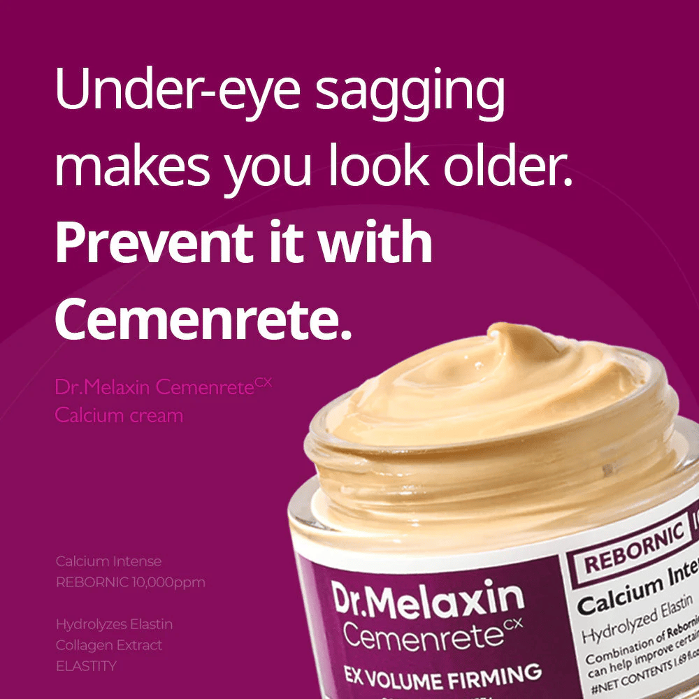 Dr.Melaxin Cemenrete Calcium Intense Cream mit Textbotschaft über Straffung unter den Augen, illustriert den Fokus der Creme auf Festigkeit, Volumen und Vorbeugung von schlaffer Haut.