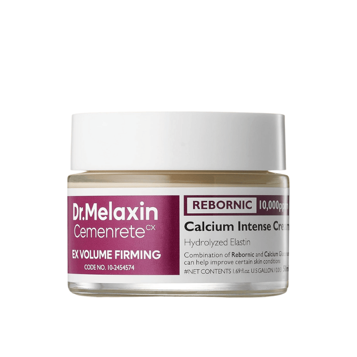 Dr.Melaxin Cemenrete Calcium Intense Cream in einem Behälter vor weißem Hintergrund, Gesichtscreme mit Kalzium, Rebornic und hydrolysiertem Elastin für festere und vollere Haut.