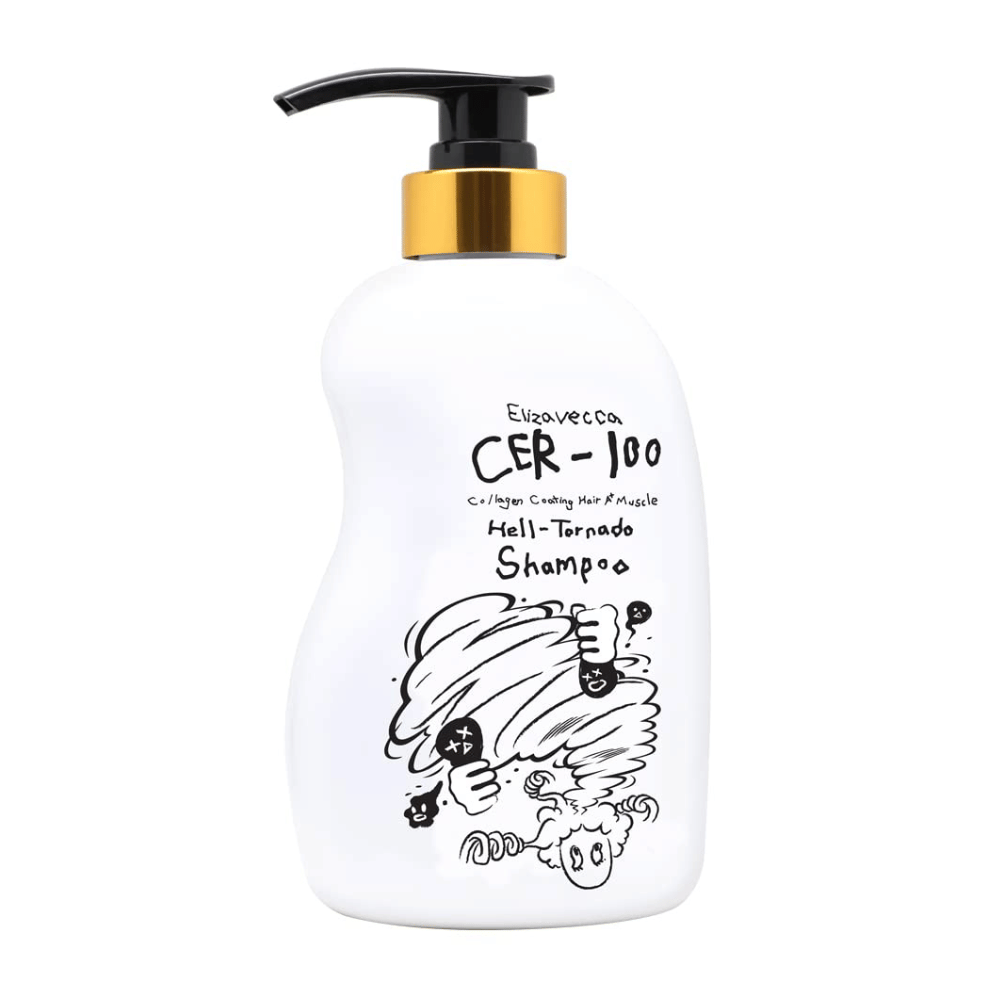 Produktbild von Elizavecca CER-100 Collagen Coating Hair A+ Muscle Helltornado Shampoo auf weißem Hintergrund. Die Verpackung wird deutlich mit Pumpflasche und der charakteristischen Illustration gezeigt, die die Serie kennzeichnet.