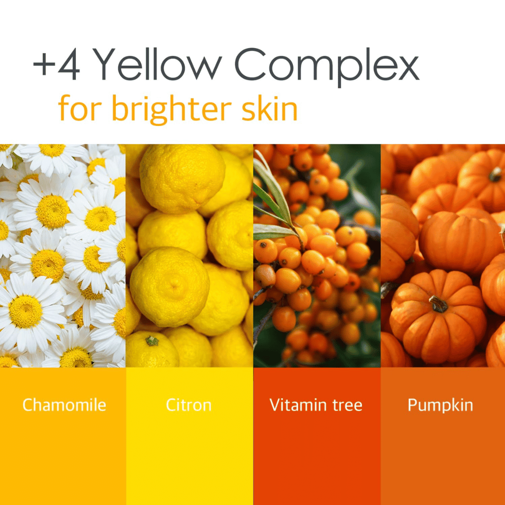 Informationsbild über den „4 Yellow Complex“ mit Inhaltsstoffen wie Kamille, Zitrone, Vitaminbaum und Kürbis. Der Fokus liegt auf einem klareren Hautton und strahlungsfördernden Eigenschaften.