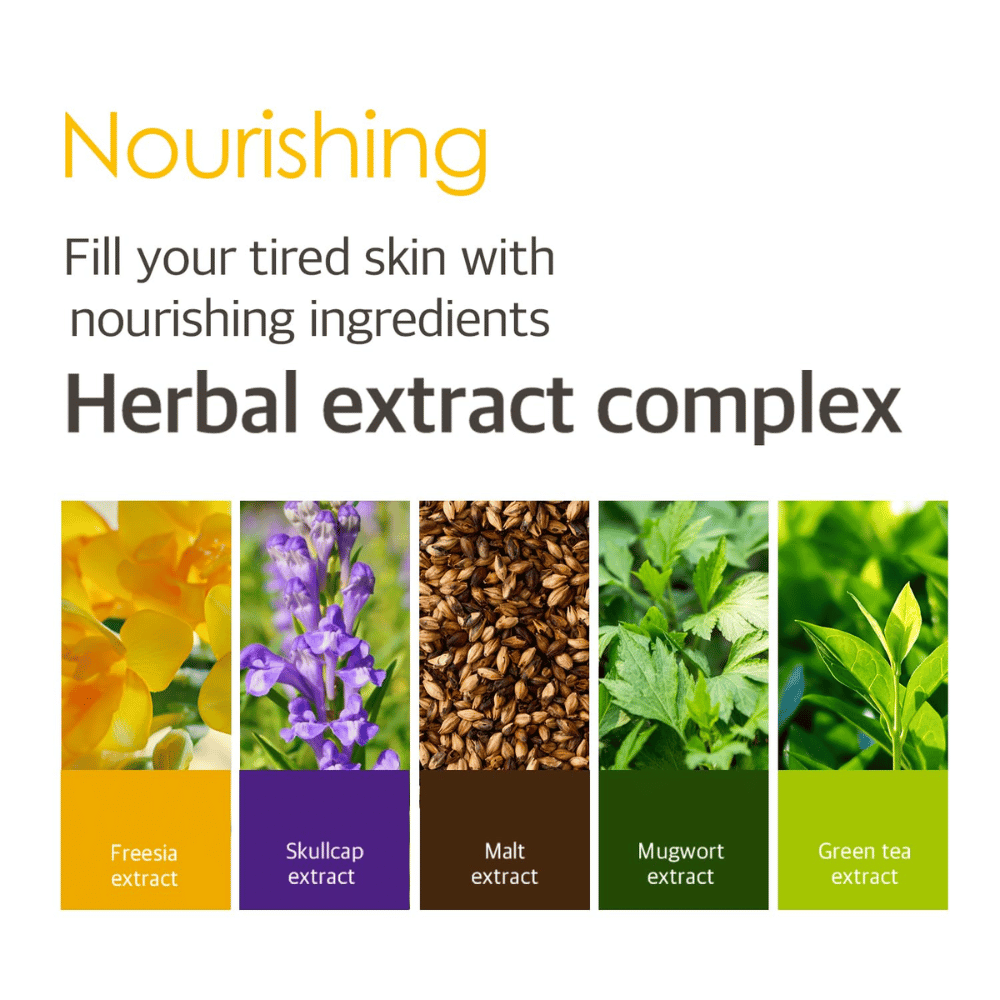 Informationsbild über den Herbal Extract Complex mit Pflanzenextrakten unter anderem aus Freesie, Helmkraut, Malz, Beifuß und grünem Tee, die dabei helfen, müde Haut zu nähren und zu pflegen.