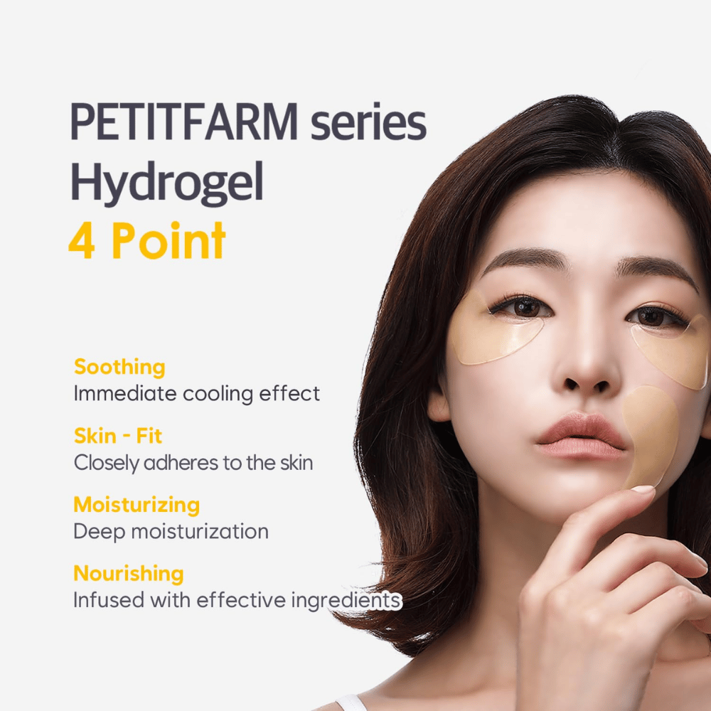 Kampagnenbild mit Model, das Hydrogel-Augenpatches verwendet. Das Bild hebt die vier Hauptvorteile des Produkts hervor: beruhigende Wirkung, hautnahe Passform, tiefe Feuchtigkeitsversorgung und nährende Inhaltsstoffe.