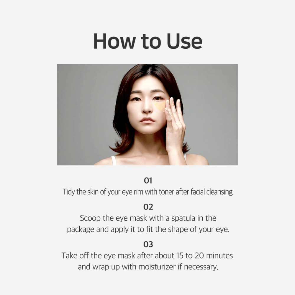 Anleitungsbild, das zeigt, wie Chamomile Lightening Hydrogel Eye Mask nach der Reinigung und gesichtswasser verwendet wird. Der Leitfaden beschreibt Anwendung, Einwirkzeit und abschließende Feuchtigkeitspflege rund um die Augen.