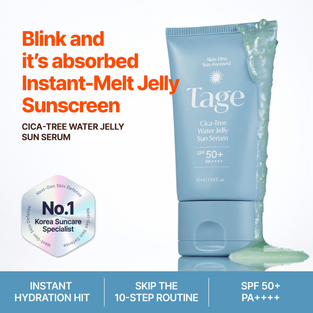 Tage Cica-Tree Water Jelly Sun Serum SPF 50+ mit leichter Gelkonsistenz. Blaue Sonnenschutztube mit grünem Gel, das die Textur des Produkts zeigt.