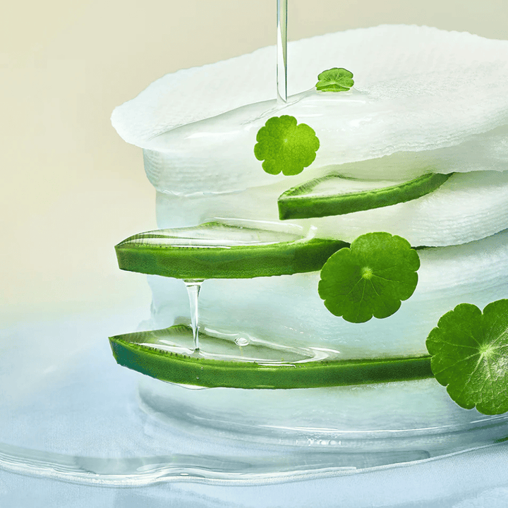 Nahaufnahme von Aloe-Vera-Scheiben, feuchtigkeitstoner Pads und Centella-Asiatica-Blättern. Das Gel tropft zwischen den Inhaltsstoffen, um beruhigende, kühlende und feuchtigkeitsspendende Eigenschaften zu veranschaulichen.