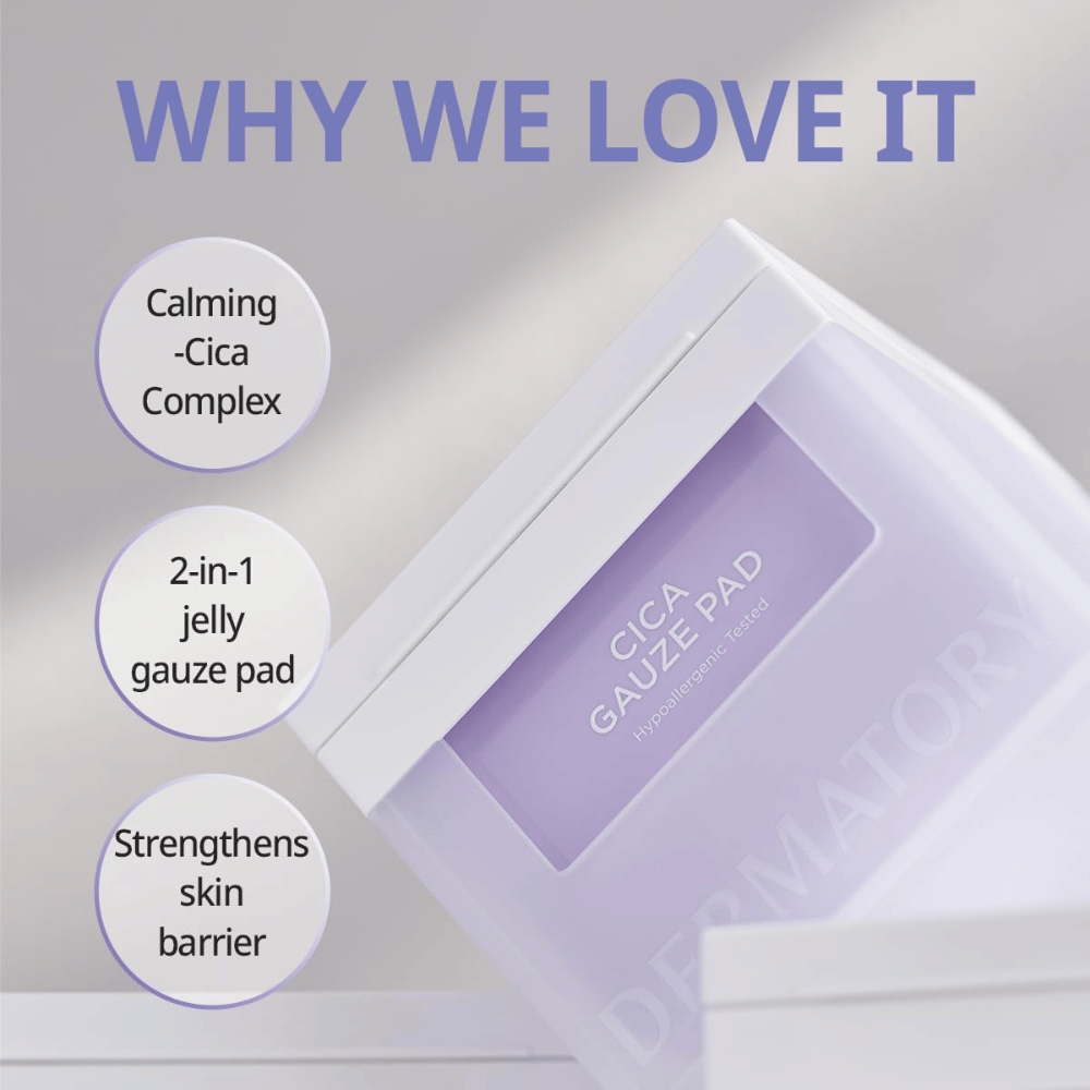 Bild von Cica Gauze Pad mit dem Text 'Why We Love It'. Das Produkt enthält einen beruhigenden Cica-Komplex, wirkt als 2-in-1 Gel-Binde und stärkt die Hautbarriere. Perfekt für empfindliche Haut.