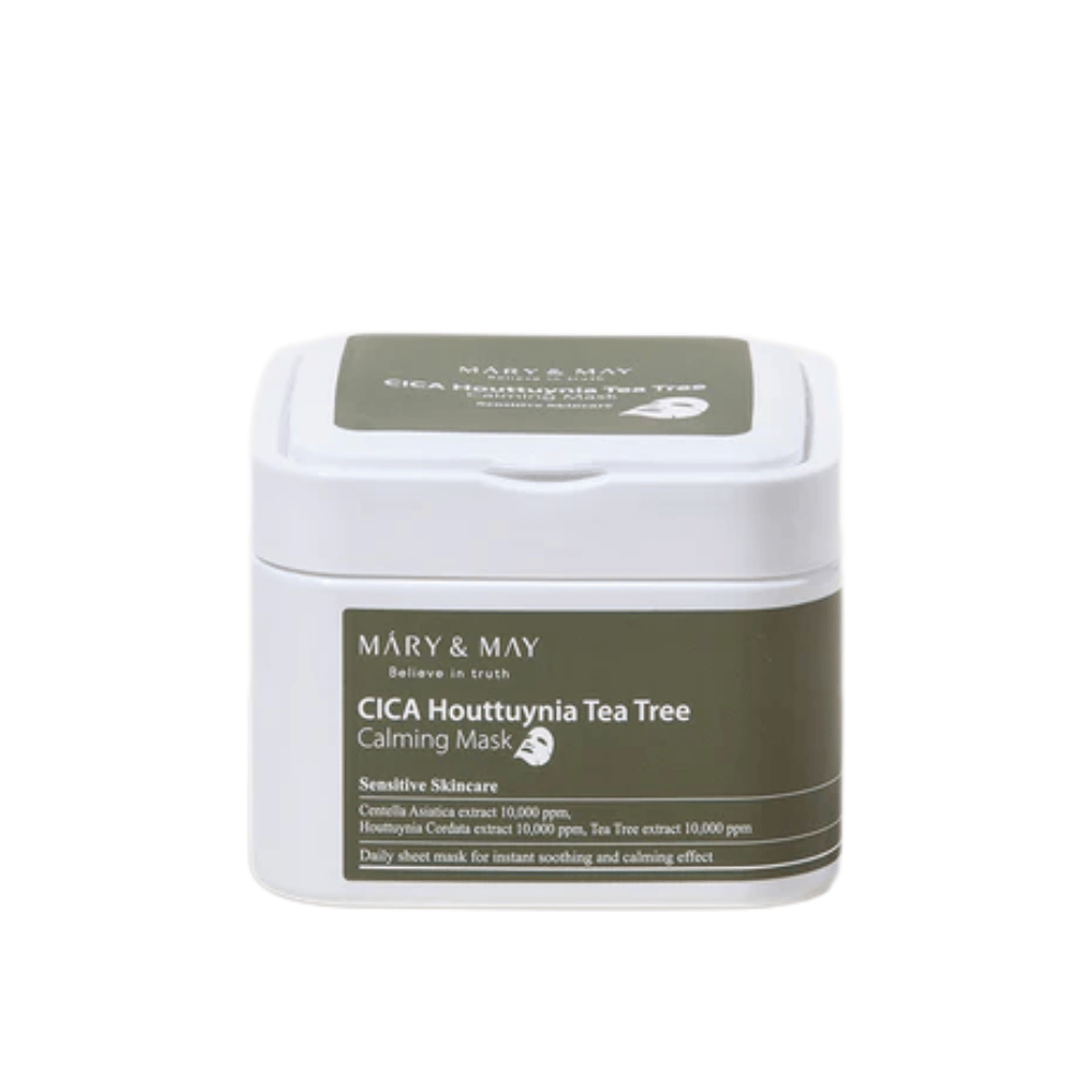 Mary & May Cica Houttuynia Tea Tree Calming Mask – Dose mit beruhigenden Sheet-Masken für empfindliche Haut, angereichert mit Centella, Houttuynia und tea tree-Extrakt.