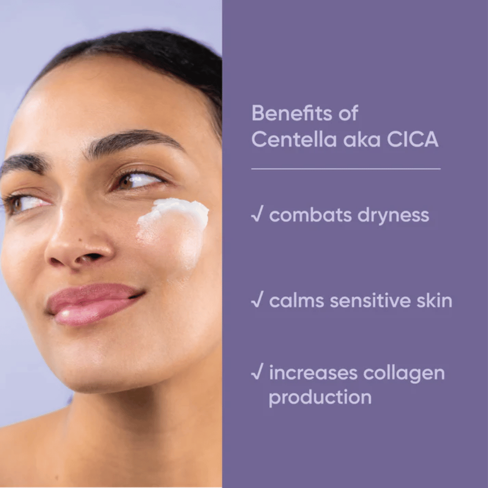 Person, die Gesichtscreme aufträgt, Grafik, die die Vorteile von Centella Asiatica (CICA) in Clean It Zero Calming Cleansing Balm für trockene, empfindliche Haut und erhöhte Kollagenproduktion zeigt.