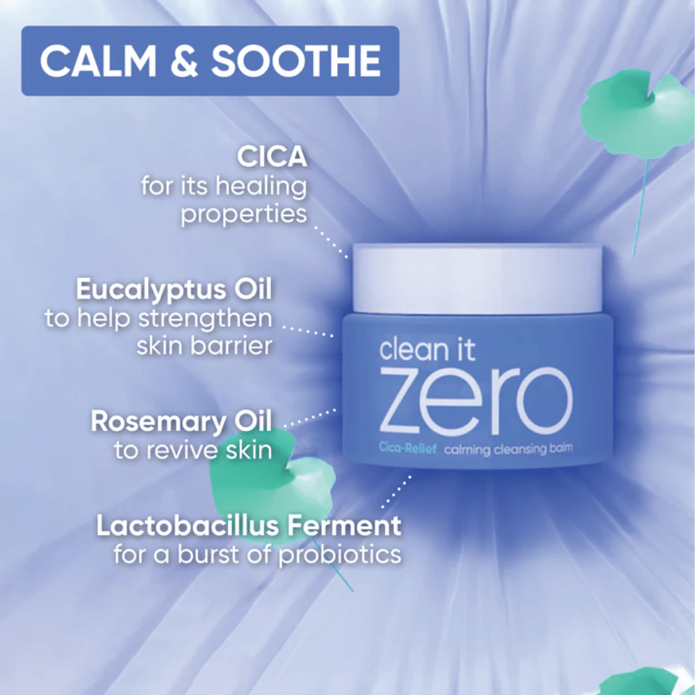 Informationsbild für Clean It Zero Cica-Relief Calming Cleansing Balm, das beruhigende Inhaltsstoffe wie CICA, Eukalyptusöl, Rosmarinöl und Lactobacillus-Ferment für eine gestärkte Hautbarriere hervorhebt.