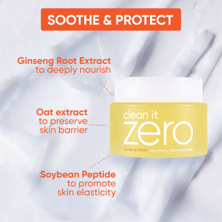Clean It Zero Ginseng-Glow Cleansing Balm von BANILA CO mit Ginseng, Haferextrakt und Sojapeptiden, entwickelt, um die Hautbarriere zu beruhigen, zu schützen und zu stärken, während Make-up und Schmutz gelöst werden.