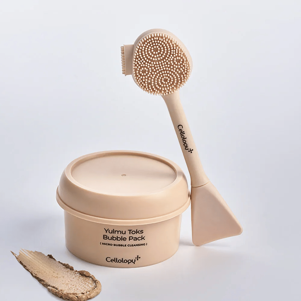 1. Cellolopy Cleaning Brush – beige Reinigungsbürste mit Silikonborsten und Spatel zusammen mit Yulmu Toks Bubble Pack
