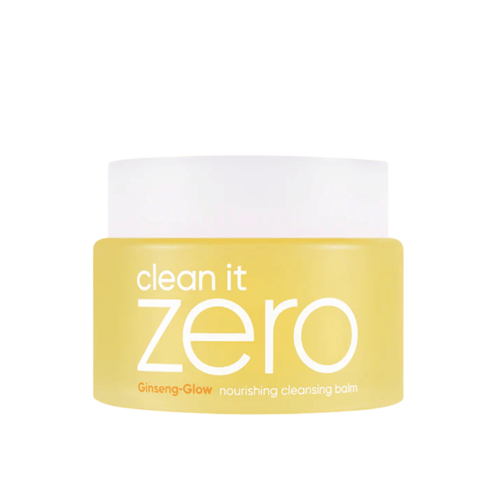 Clean It Zero Ginseng-Glow Nourishing Cleansing Balm in gelbem Behälter auf weißem Hintergrund, ein feuchtigkeitsspendender Reinigungsbalsam von BANILA CO, der effektiv Make-up und Unreinheiten entfernt.