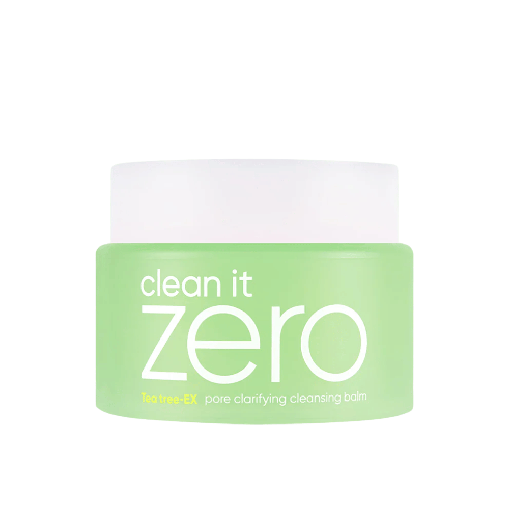 Clean It Zero Tea Tree-EX Pore Clarifying Cleansing Balm in einem grünen Behälter auf weißem Hintergrund, entwickelt für fettige und Mischhaut, die eine ausgleichende und porenreinigende Reinigung benötigt.