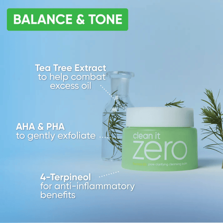 Clean It Zero Pore Clarifying Cleansing Balm mit Tea Tree-Extrakt, AHA und PHA, die die Haut ausgleichen, überschüssiges Öl reduzieren und sanft peelen, um einen klareren Hautton zu erzielen.