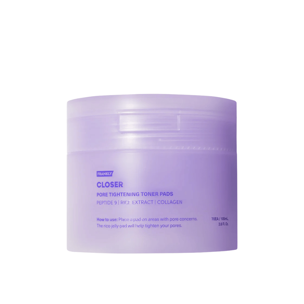 Produktbild von FRANKLY Closer Pore Tightening Toner Pads in lila Dose. Toner Pads mit Peptiden, Reisextrakt und Kollagen zur Porenverfeinerung.