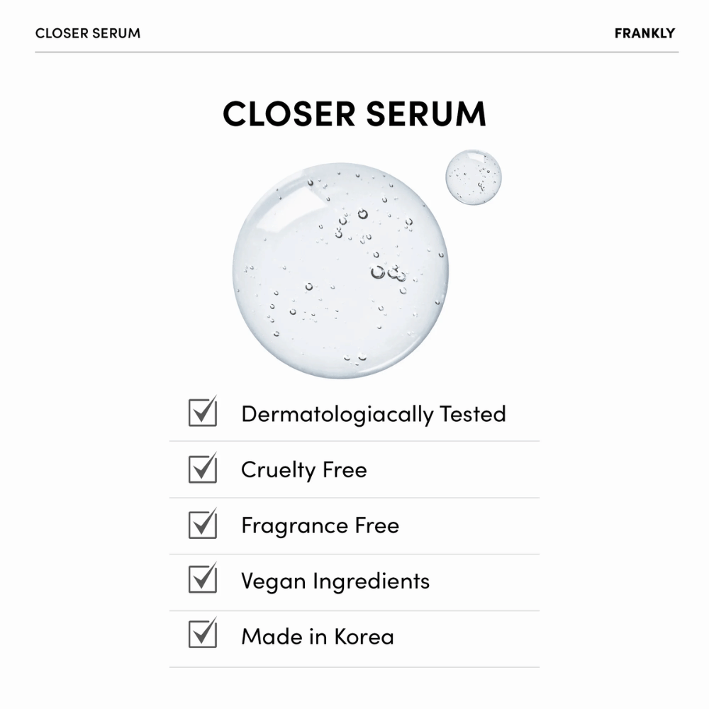 FRANKLY Closer Serum mit durchsichtiger Gelée und Liste der Eigenschaften: dermatologisch getestet, vegan, cruelty-free und parfümfrei.