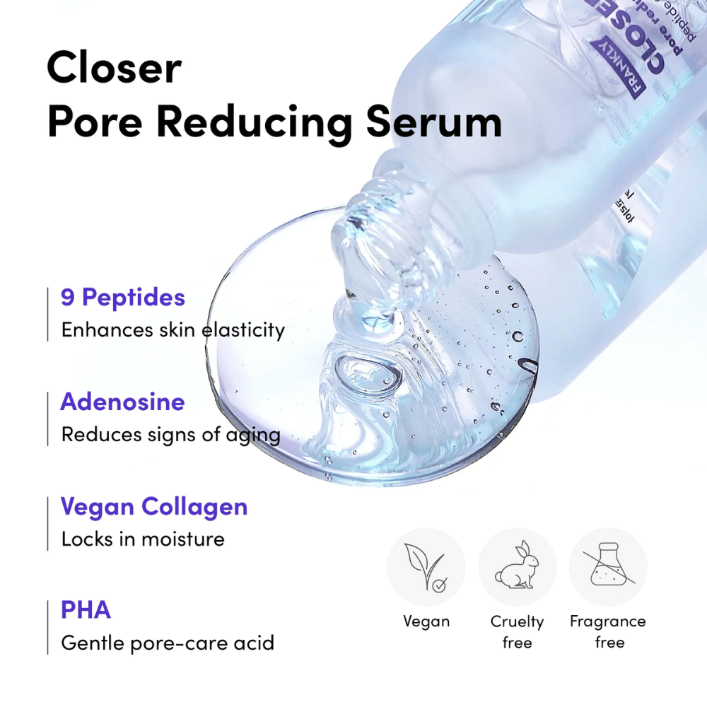 Nahaufnahme von FRANKLY Closer Pore Reducing Serum mit Inhaltsstoffen: 9 Peptide, Adenosin, veganes Kollagen und PHA. Vegane und cruelty-free Formel.